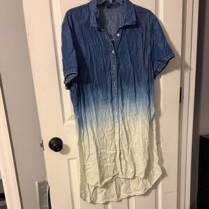 Blue and White Ombre Button-Up Shirt Dress